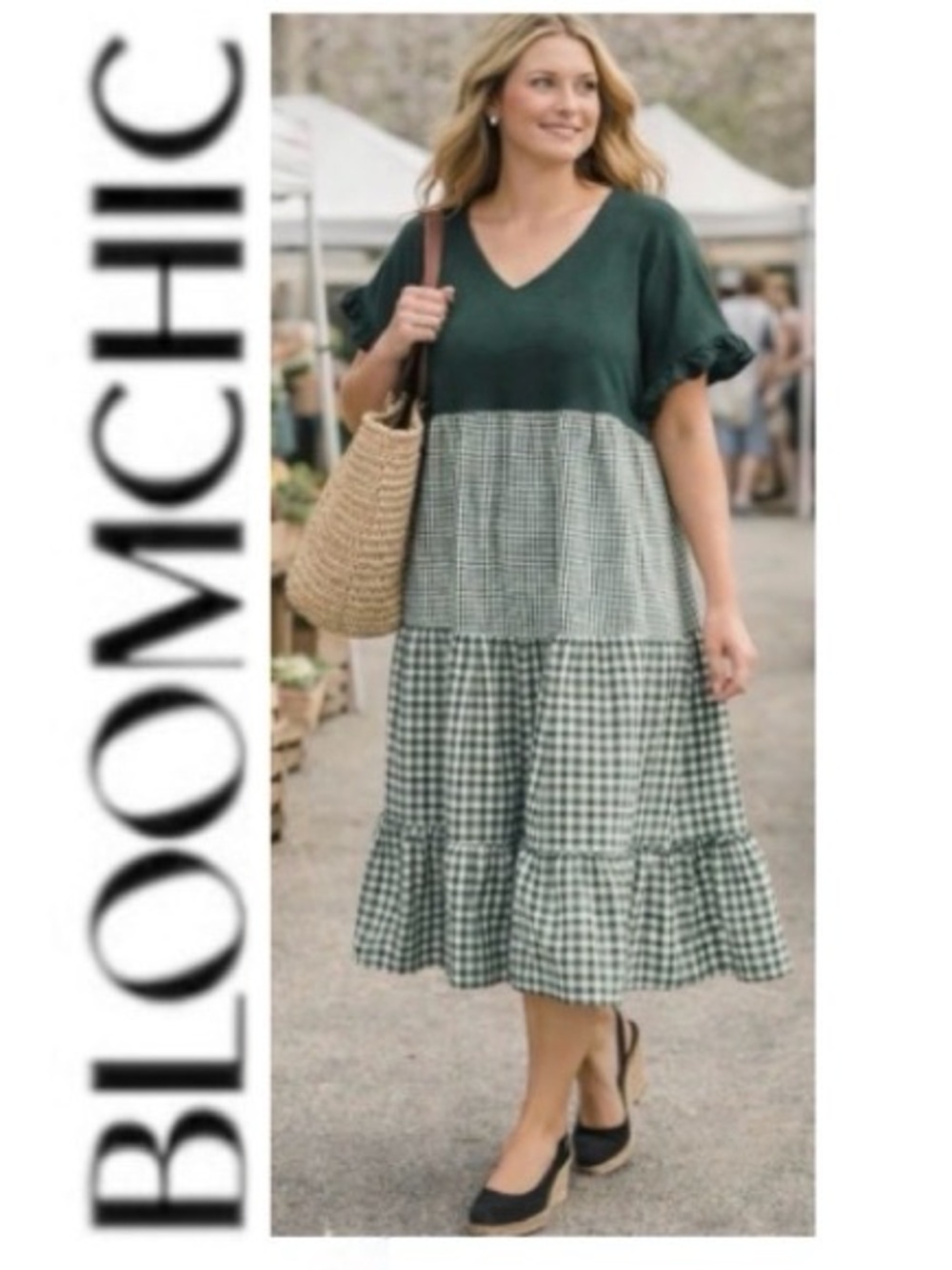 22-24 BLOOMCHIC V-neck Cotton Blend Ruffles Gingham Dress